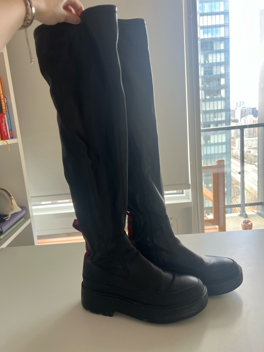 Franco Sarto Black Over-the-Knee Platform Boots with Red Pull Tab Accent